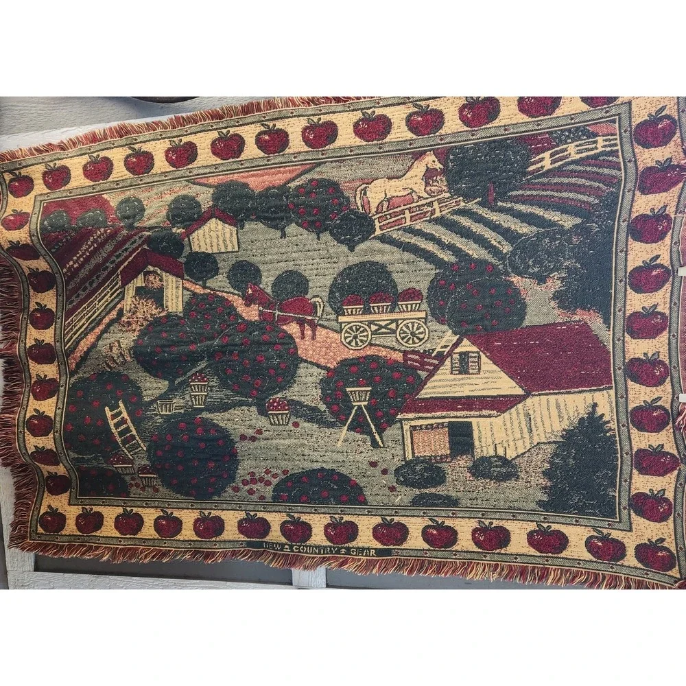 Vtg woven‎ Tapestry Throw Blanket Horses Barn Apple Orchard Thick Cotton Fringe